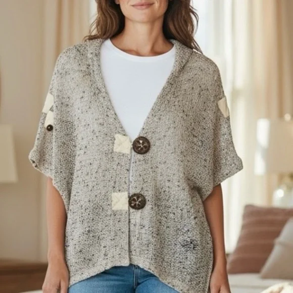 Vintage Open Knit Oatmeal Beige Boho Indie Hipster Big Button Cardigan Sweater - Picture 8 of 8